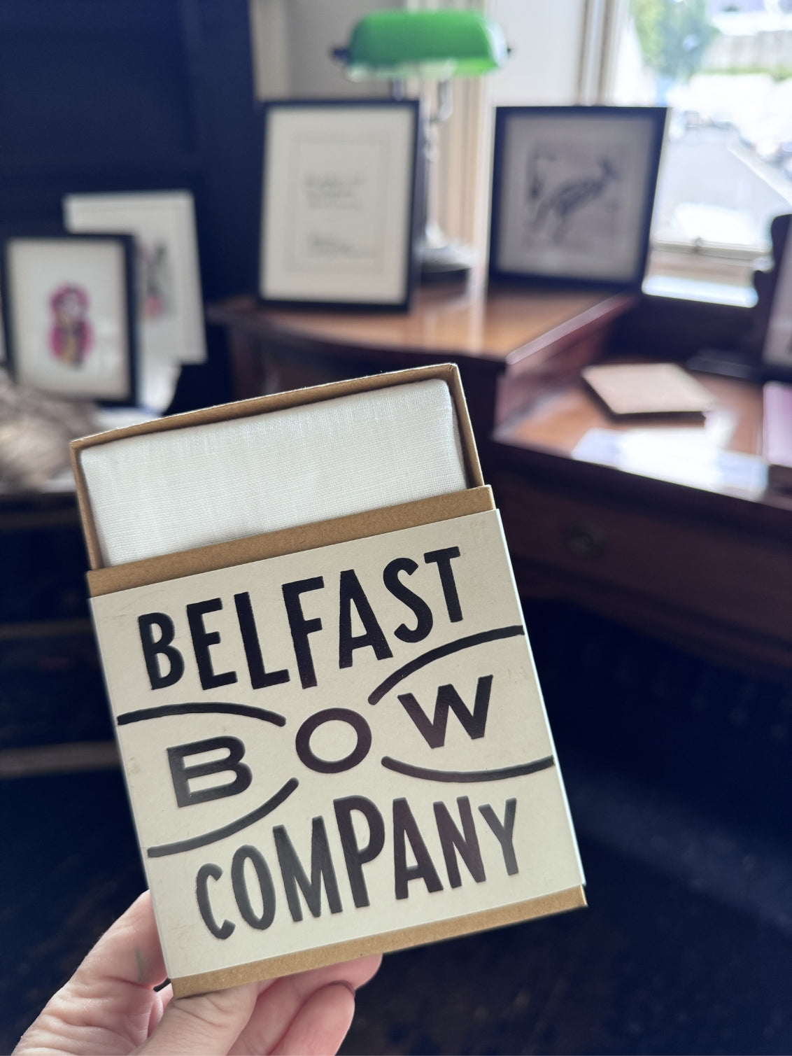 White Irish Linen Pocket Square folded in a Belfast Bow Company branded gift box