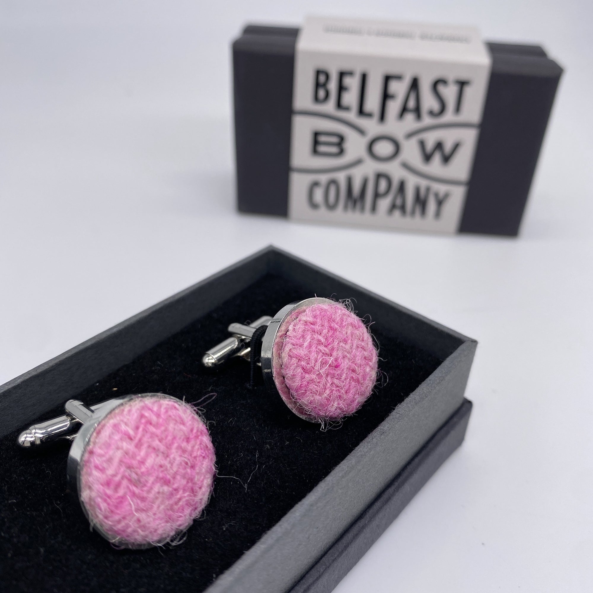 Pink cufflinks in harris tweed by the belfast bow company