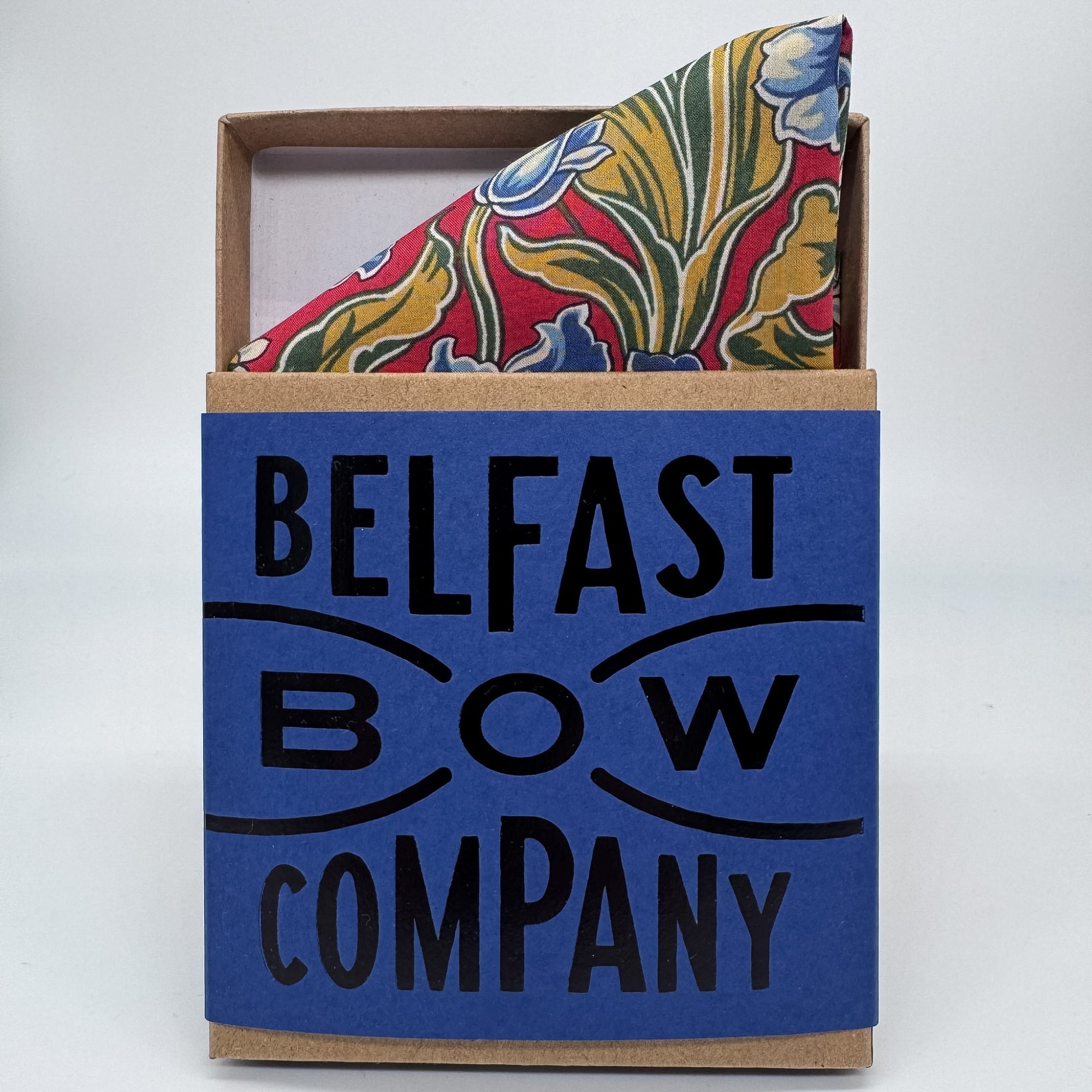 Liberty pocket square in red and blue tulip print by the belfast bow company