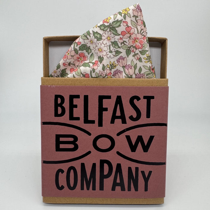 Pink and sage green floral liberty pocket square by the belfast bow company