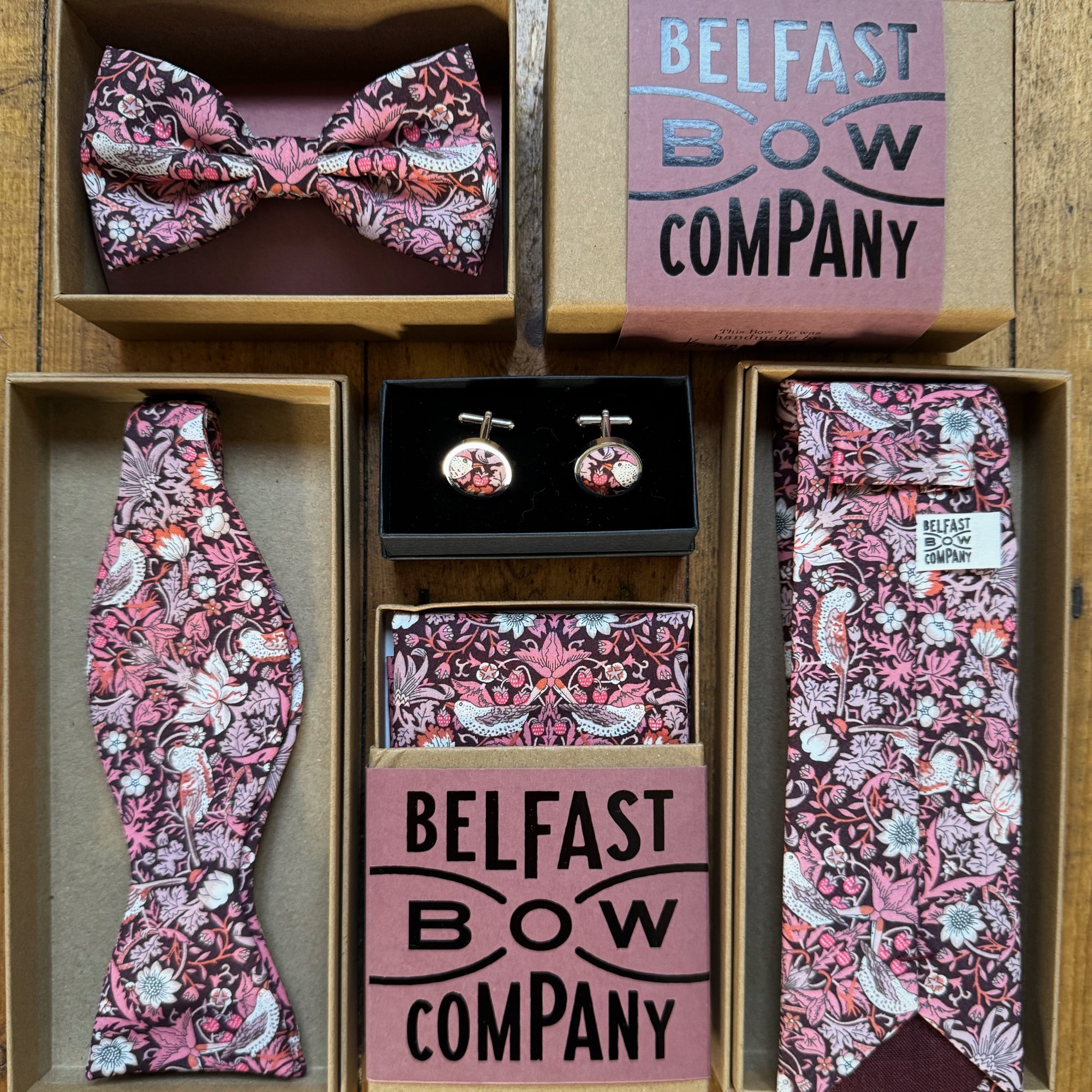 Burgundy strawberry thief liberty mens wedding accessories by the belfast bow company
