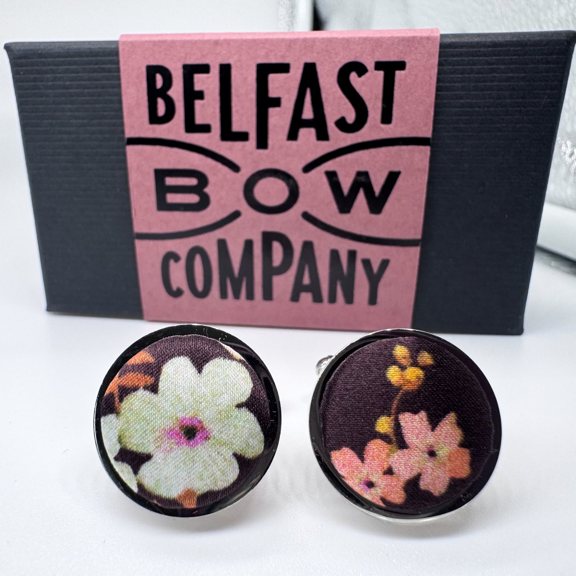 Silk cufflinks in brown burgundy floral by the belfast bow company