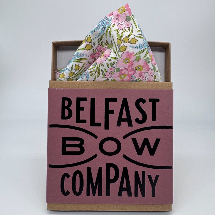 Floral pocket square in pink and blue by the belfast bow company