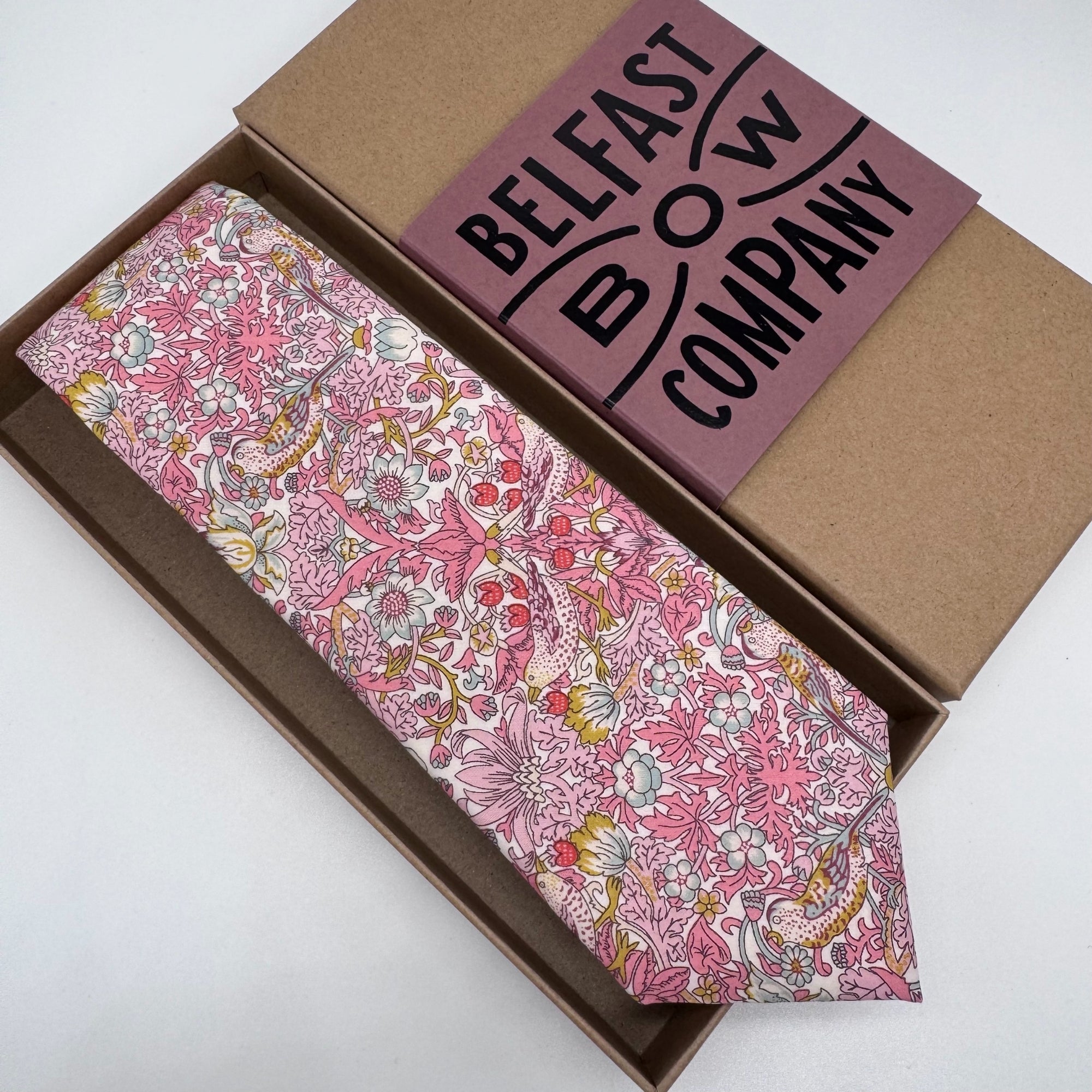 Strawberry Thief Tie in Pink by the belfast bow company