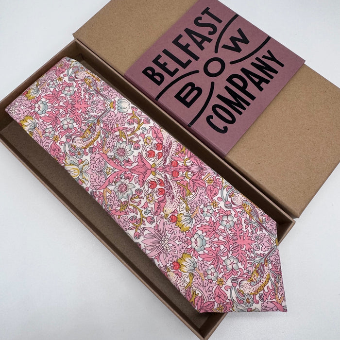 Strawberry Thief Tie in Pink by the belfast bow company