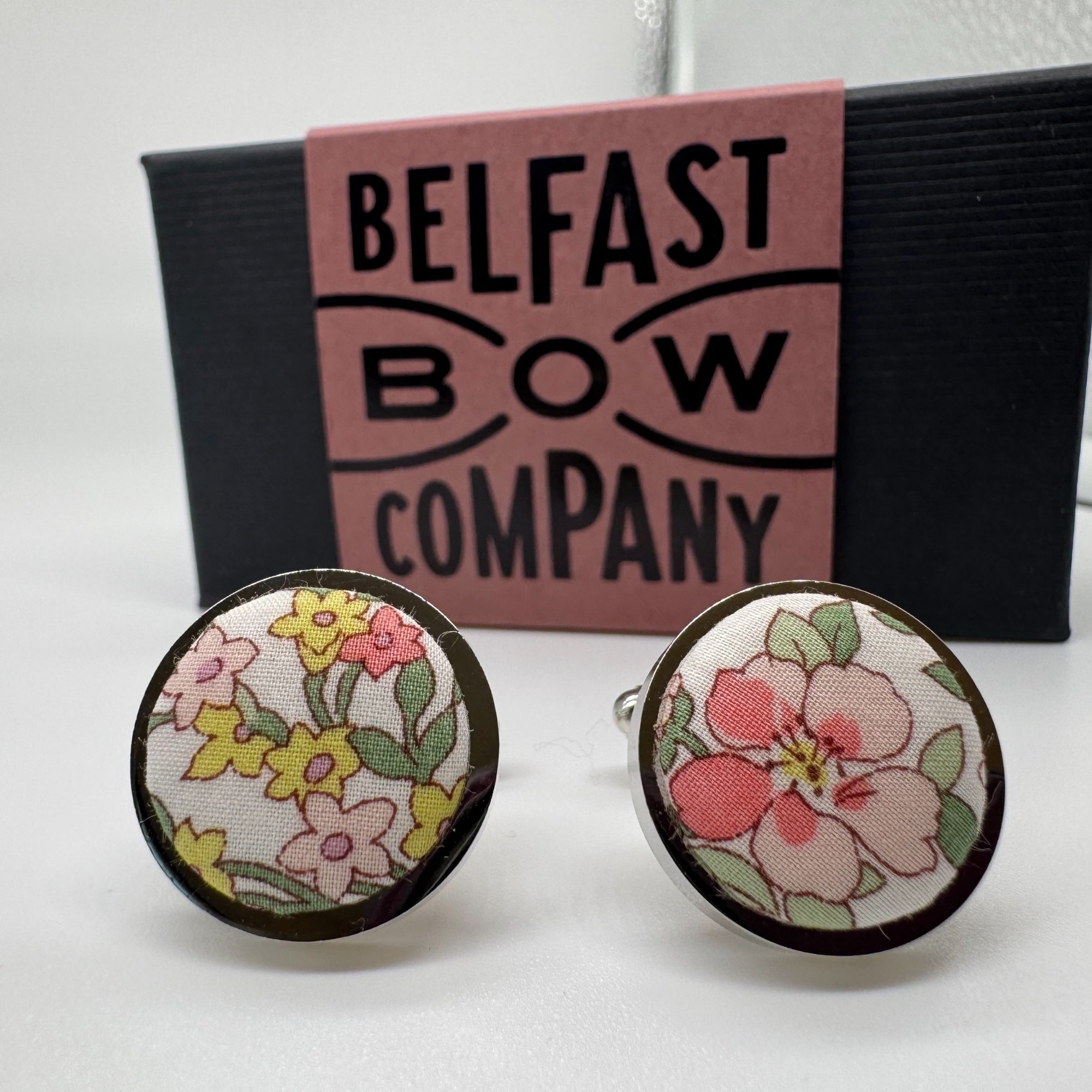Pink and green floral liberty cufflinks by the belfast bow company