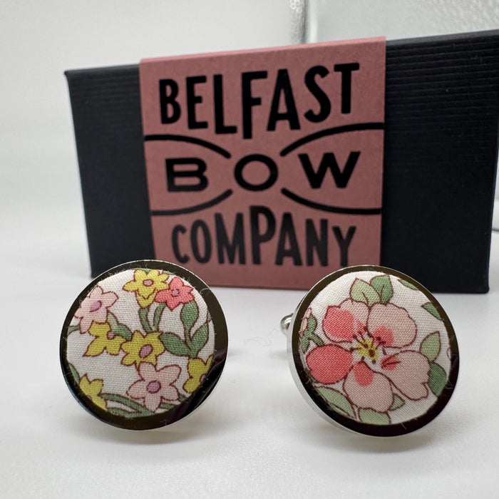 Pink and green floral liberty cufflinks by the belfast bow company
