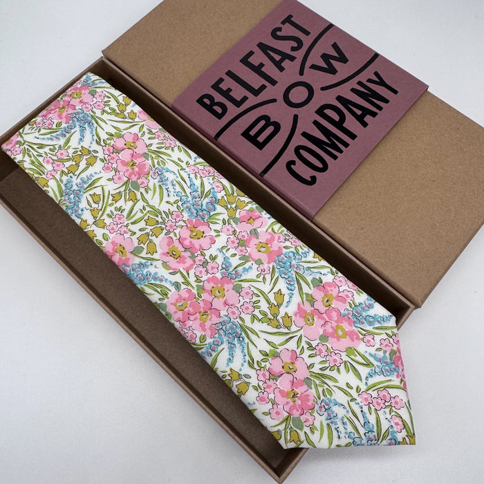 Pink and blue floral liberty tie by the belfast bow company
