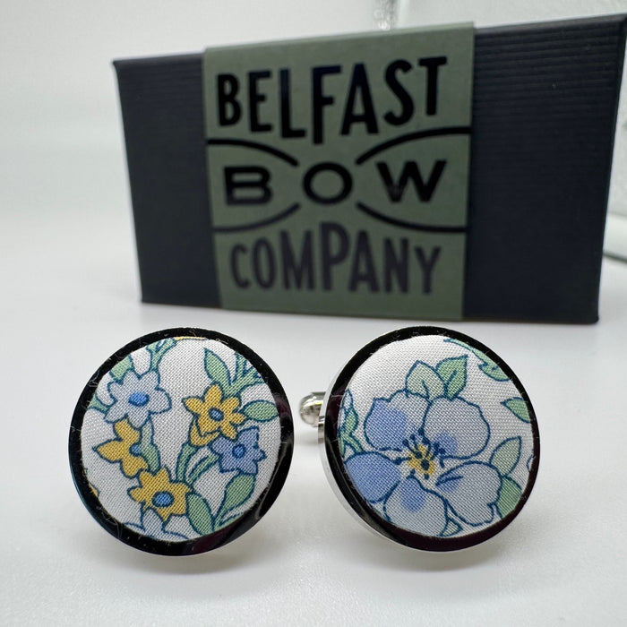 pale blue floral liberty cufflinks by the belfast bow company