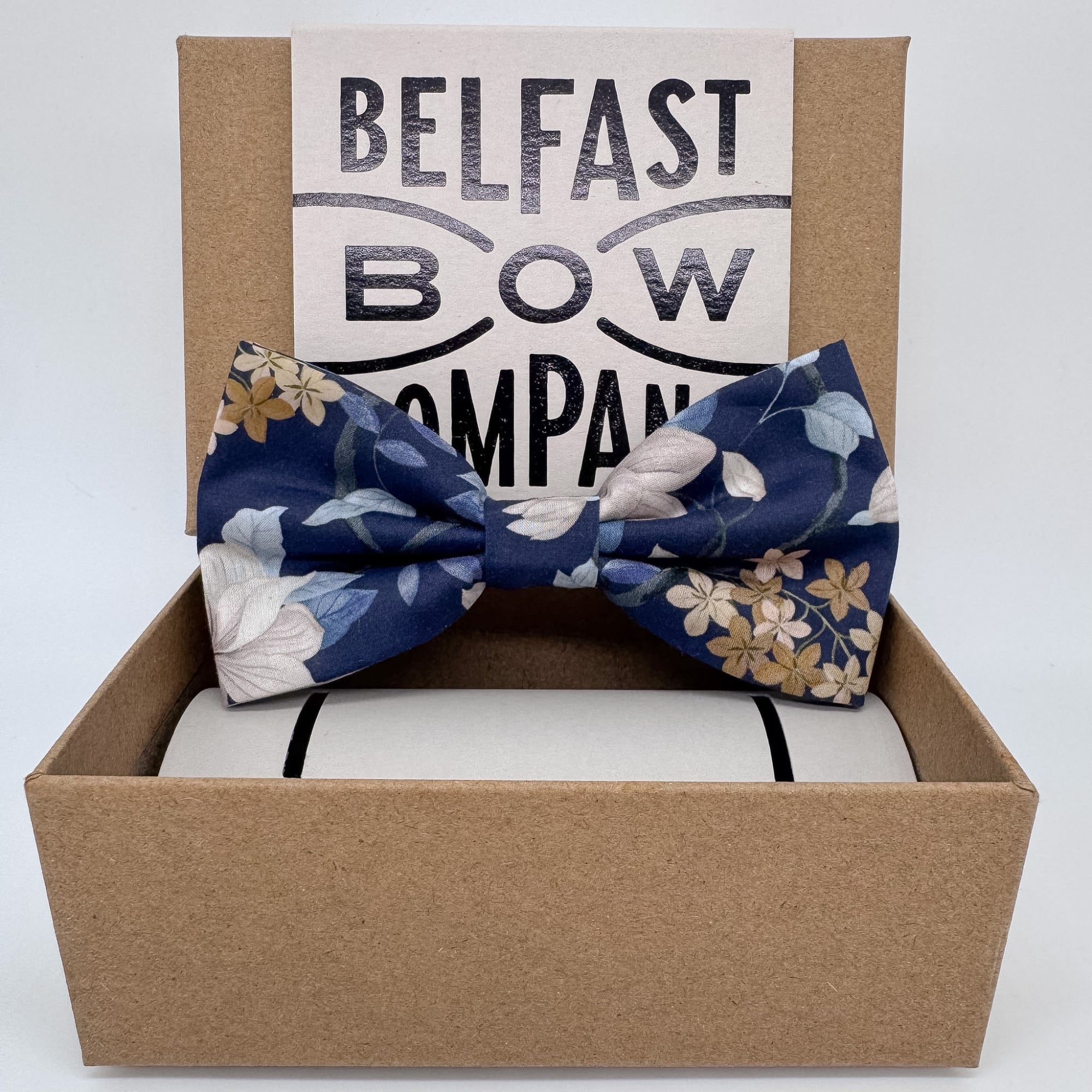 Floral bow tie in navy liberty of london print by the belfast bow company