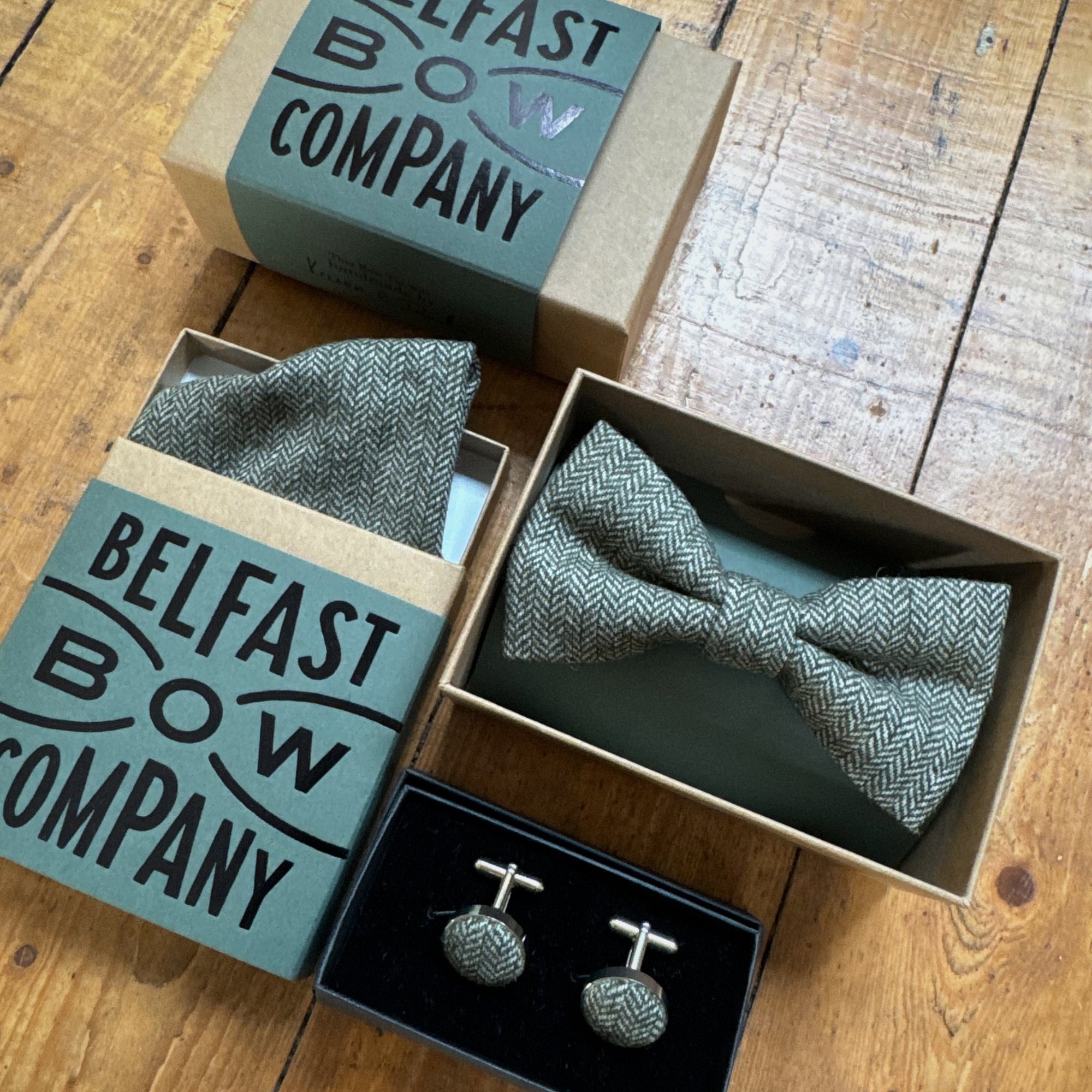 Tweed Cufflinks in Olive Green Herringbone