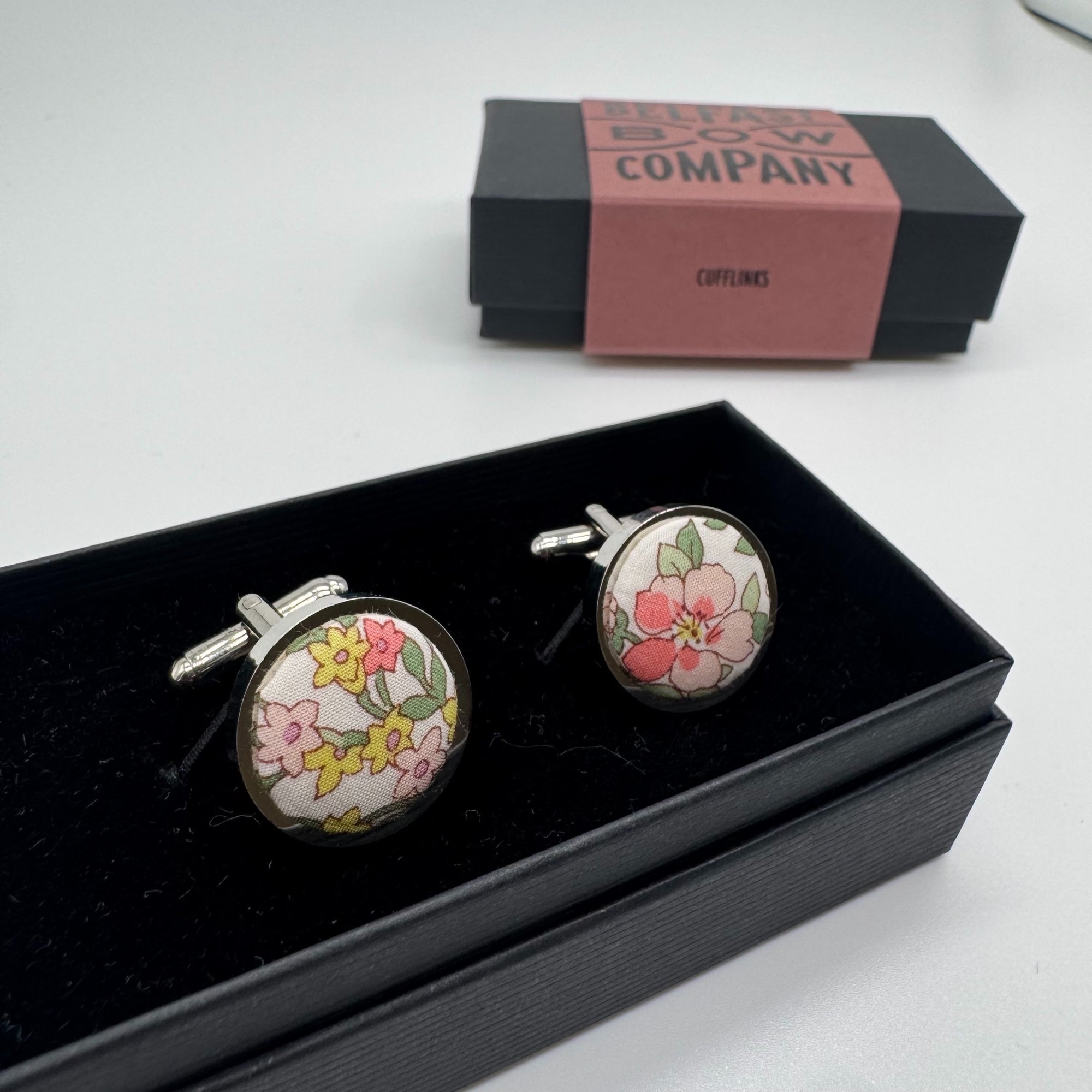 Liberty cufflinks in pink and green floral by the belfast bow company