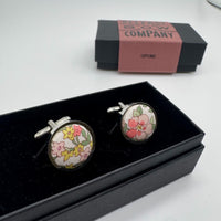 Liberty cufflinks in pink and green floral by the belfast bow company