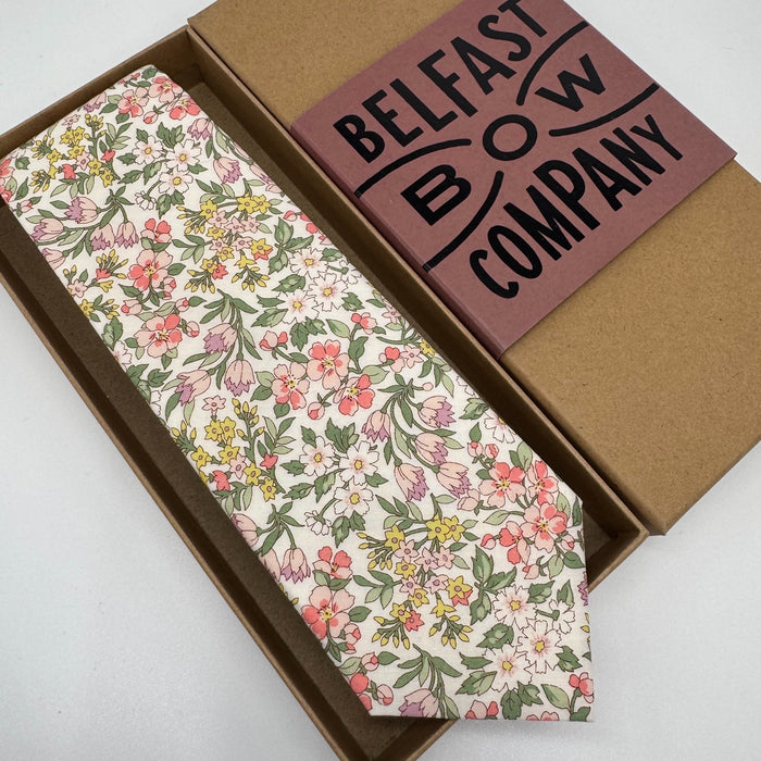 Pink and green floral tie by the belfast bow company