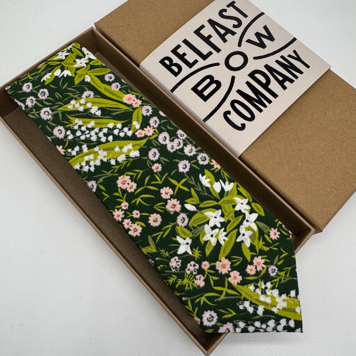 green and pink floral tie by the belfast bow company