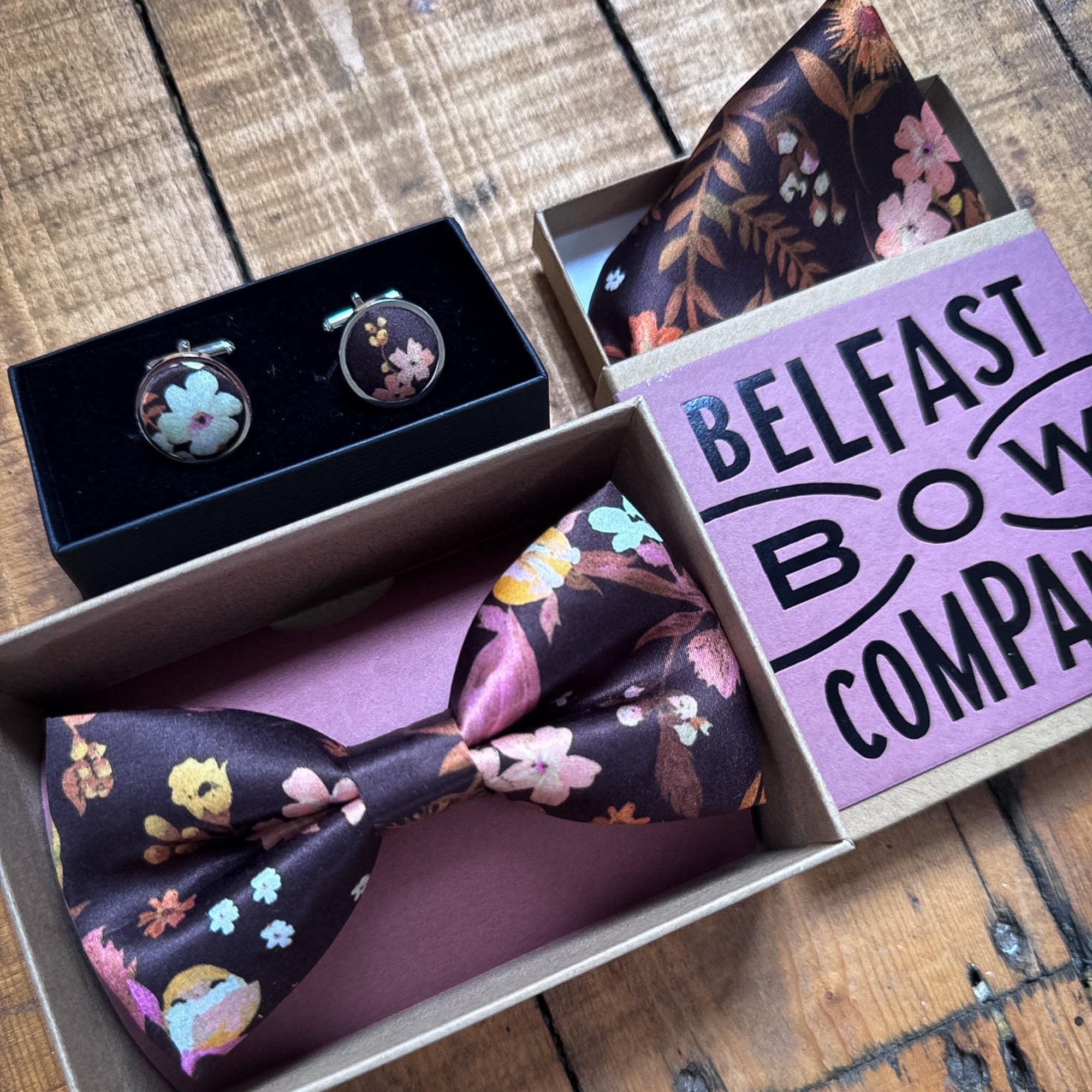 Liberty of London Silk Cufflinks in Burgundy Brown Floral