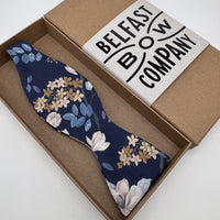 navy floral self-tie bow tie by the belfast bow company