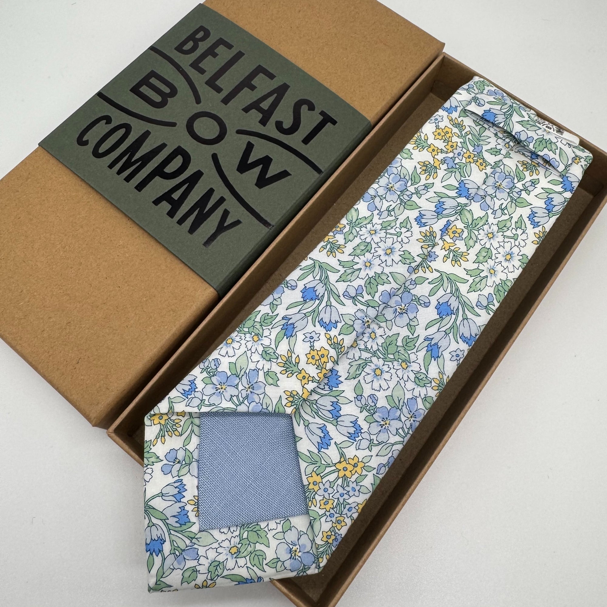 Pale blue and sage green floral liberty tie by the belfast bow company