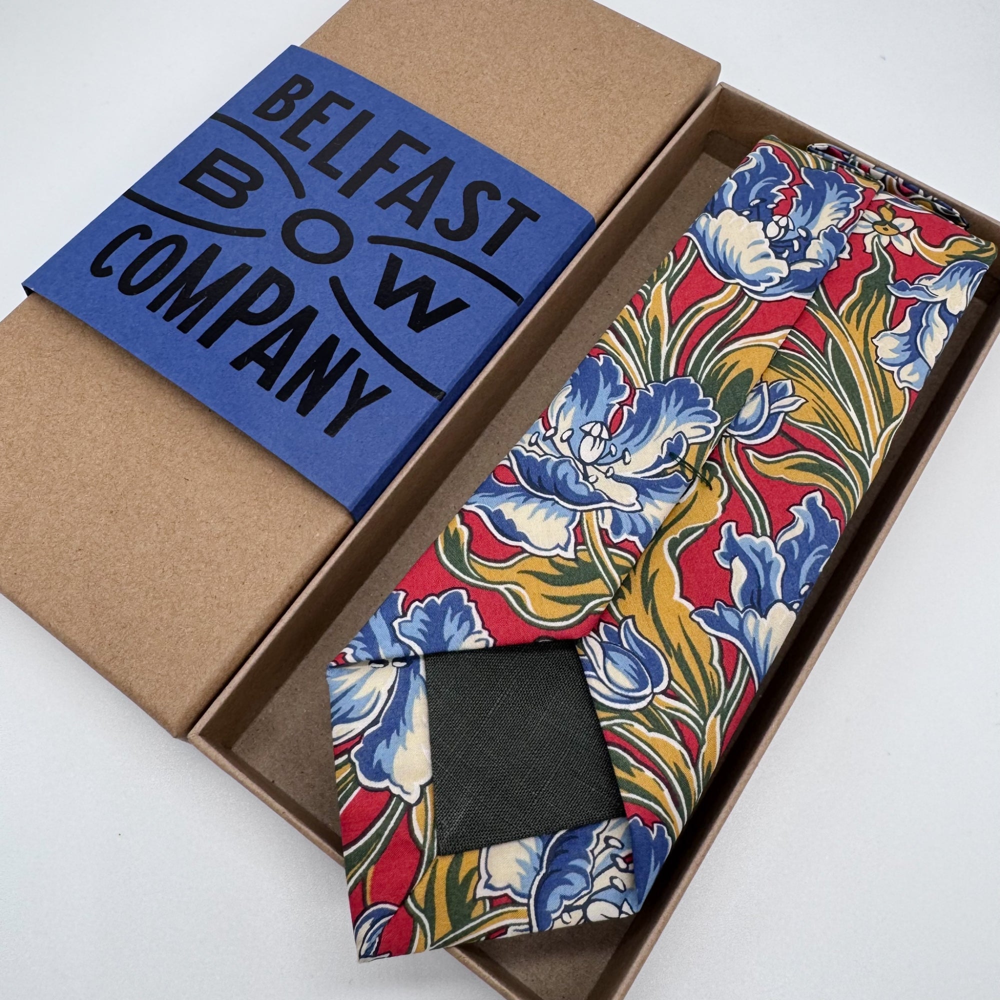 Red and blue floral liberty tie by the belfast bow company