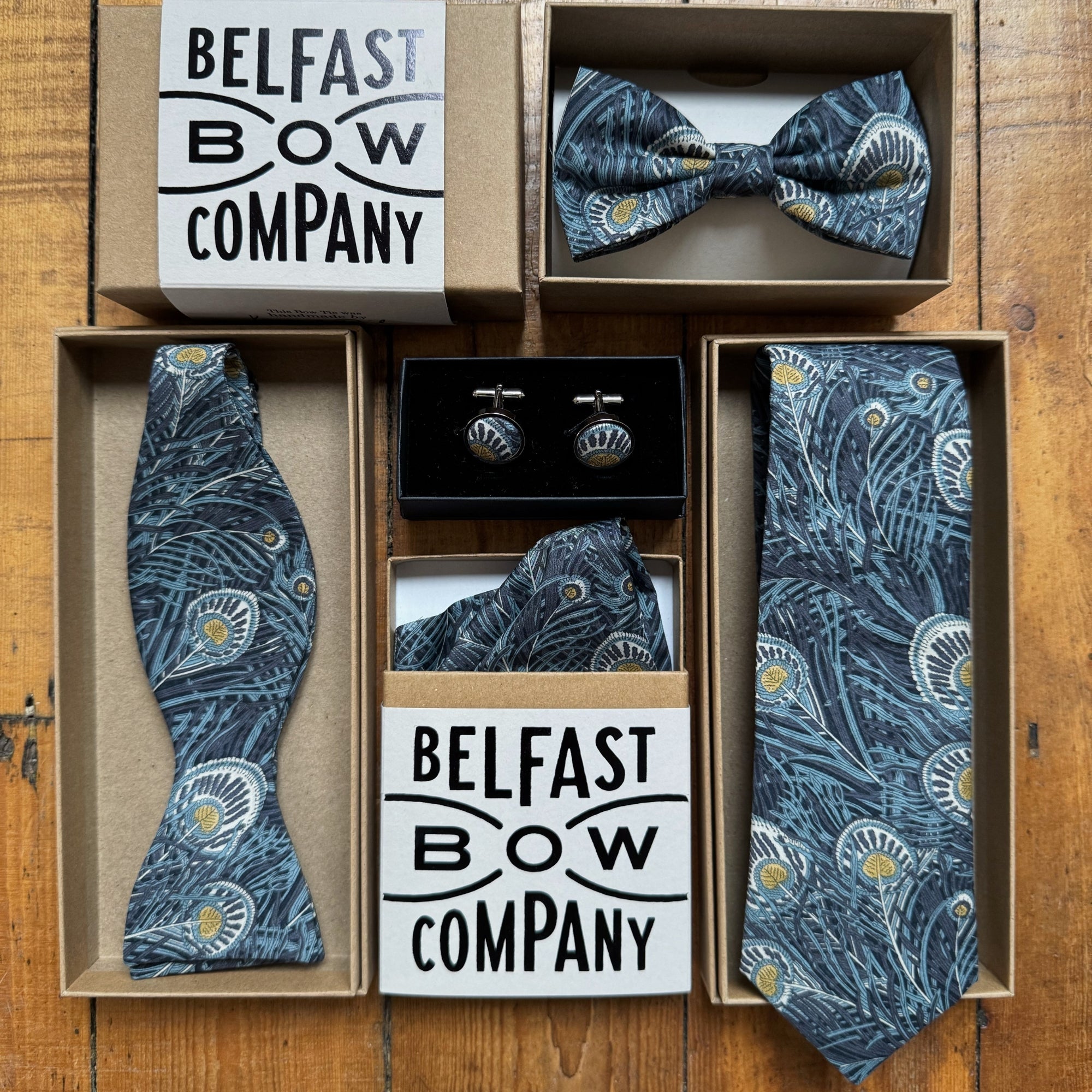 Self-Tie Liberty of London Bow Tie in Navy Peacock Feathers