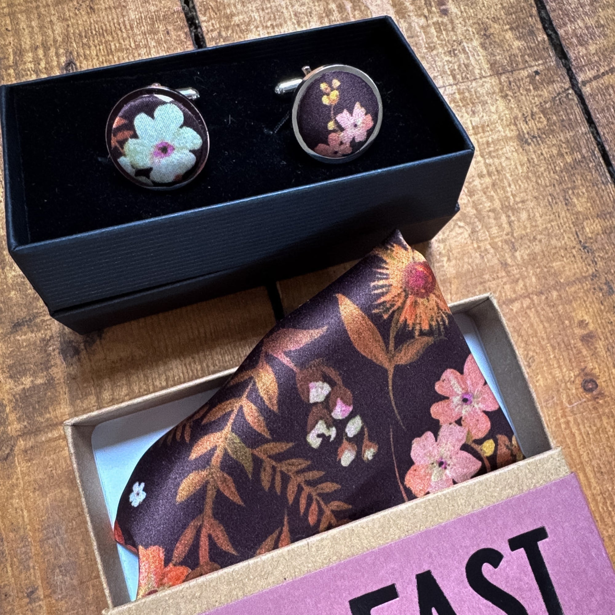 Liberty of London Silk Cufflinks in Burgundy Brown Floral