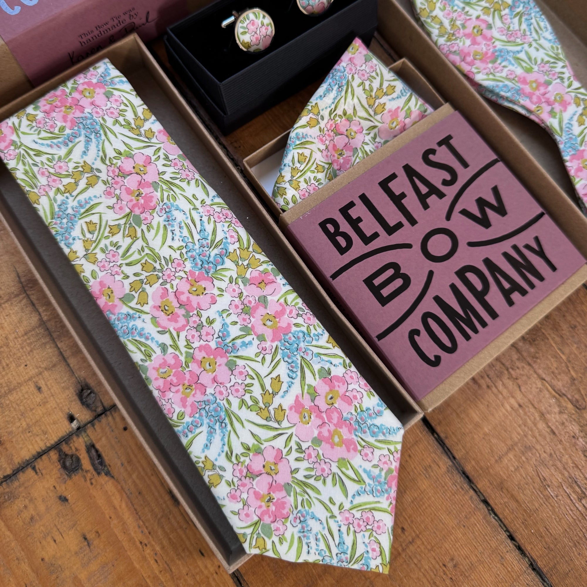 Pink and blue floral wedding tie by the belfast bow company
