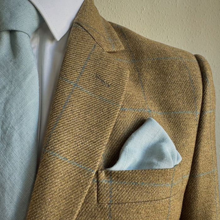 matching linen tie and pocket square in duck egg blue by the belfast bow company
