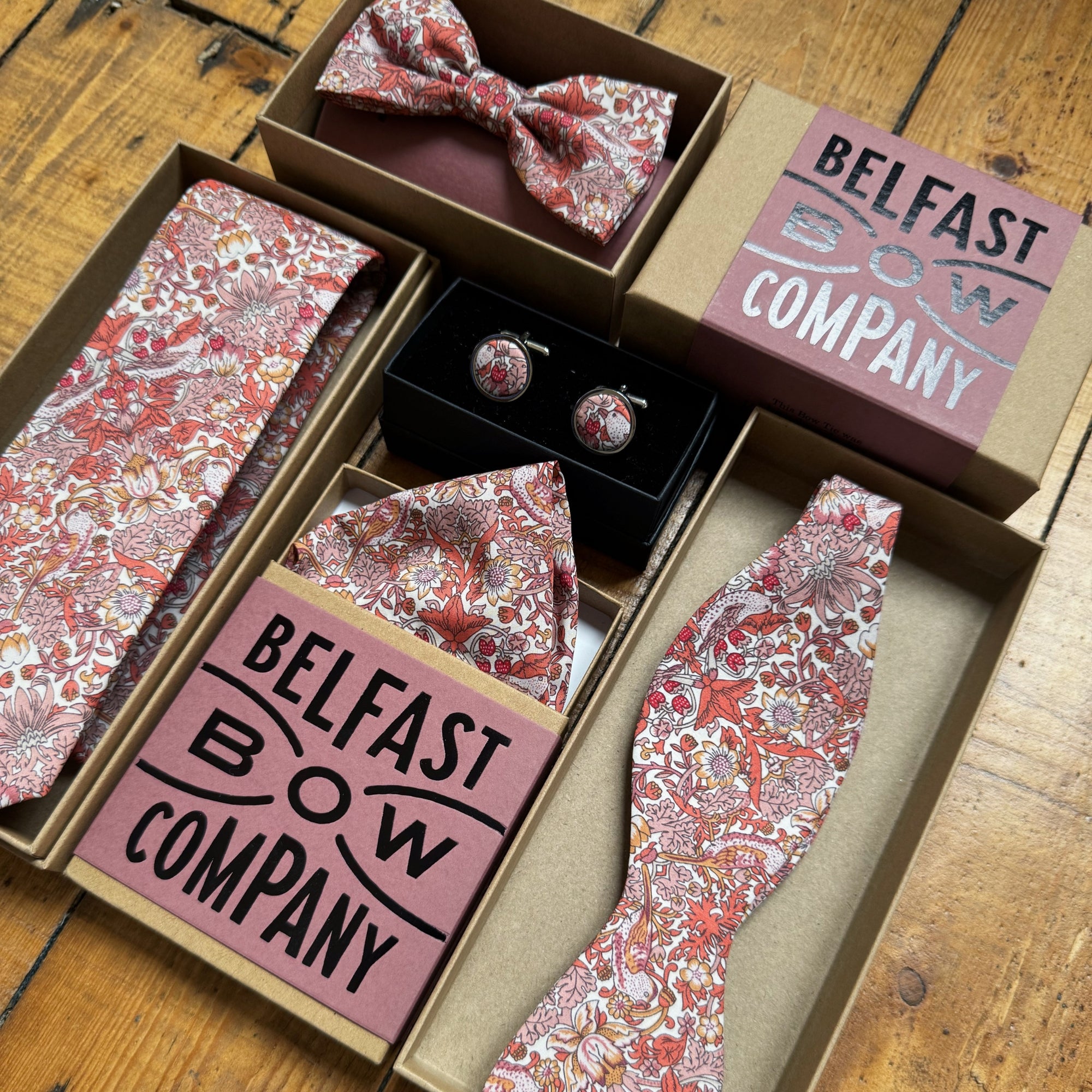 Self-Tie Liberty of London Bow Tie in Sienna Red Bird Motif