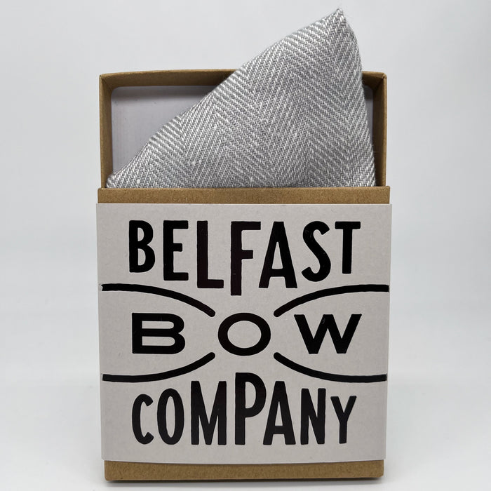 Grey Herringbone Pocket Square in Irish Linen by the Belfast Bow Company