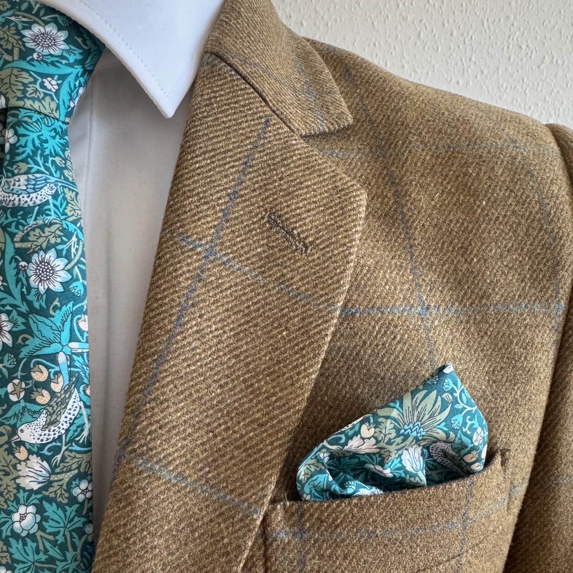 Liberty of London Pocket Square in Teal Green Bird Motif