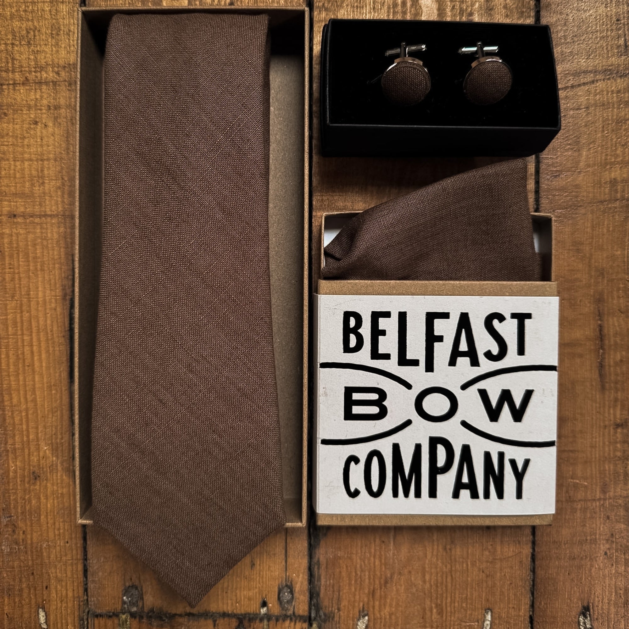 brown wedding accessories for men by the belfast bow company