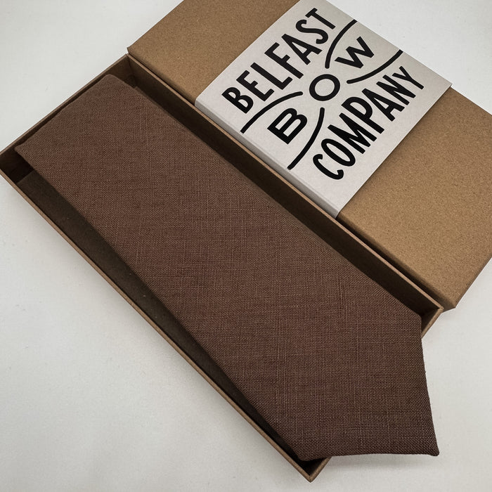 Chocolate brown tie in irish linen by the belfast bow company