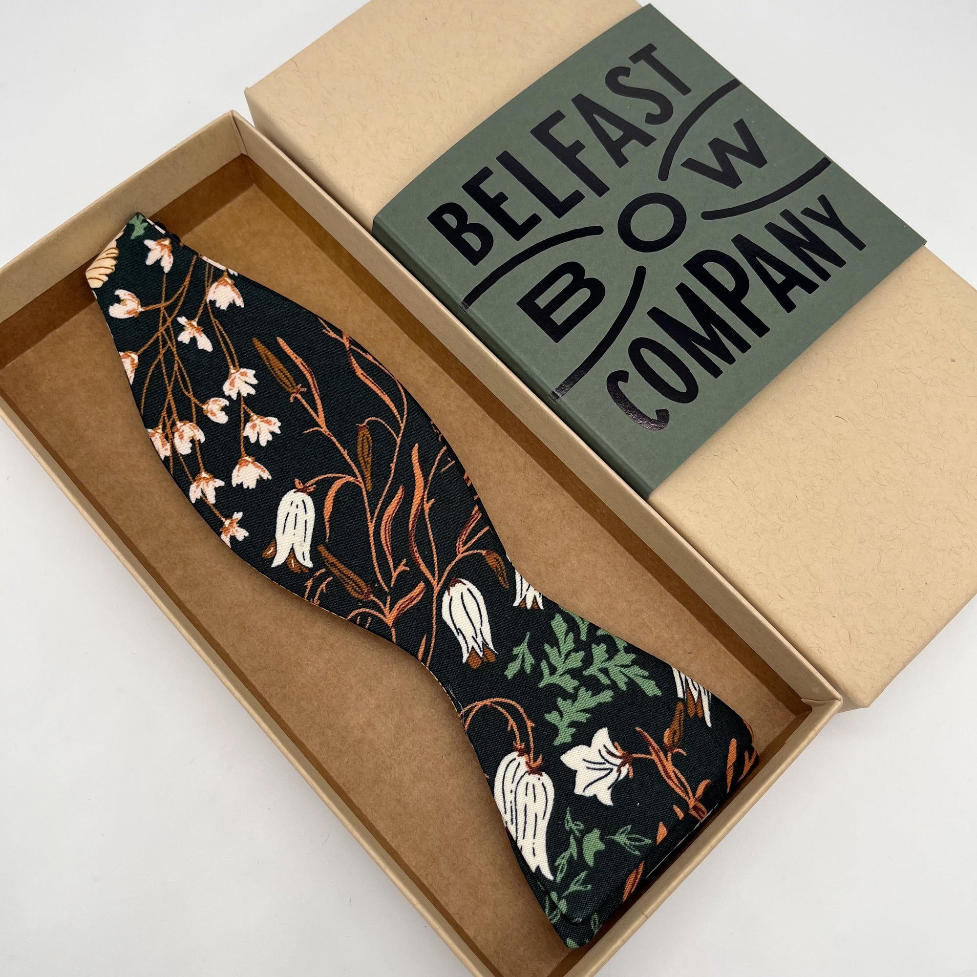 Dark Green Floral Self-Tie by the Belfast Bow Company
