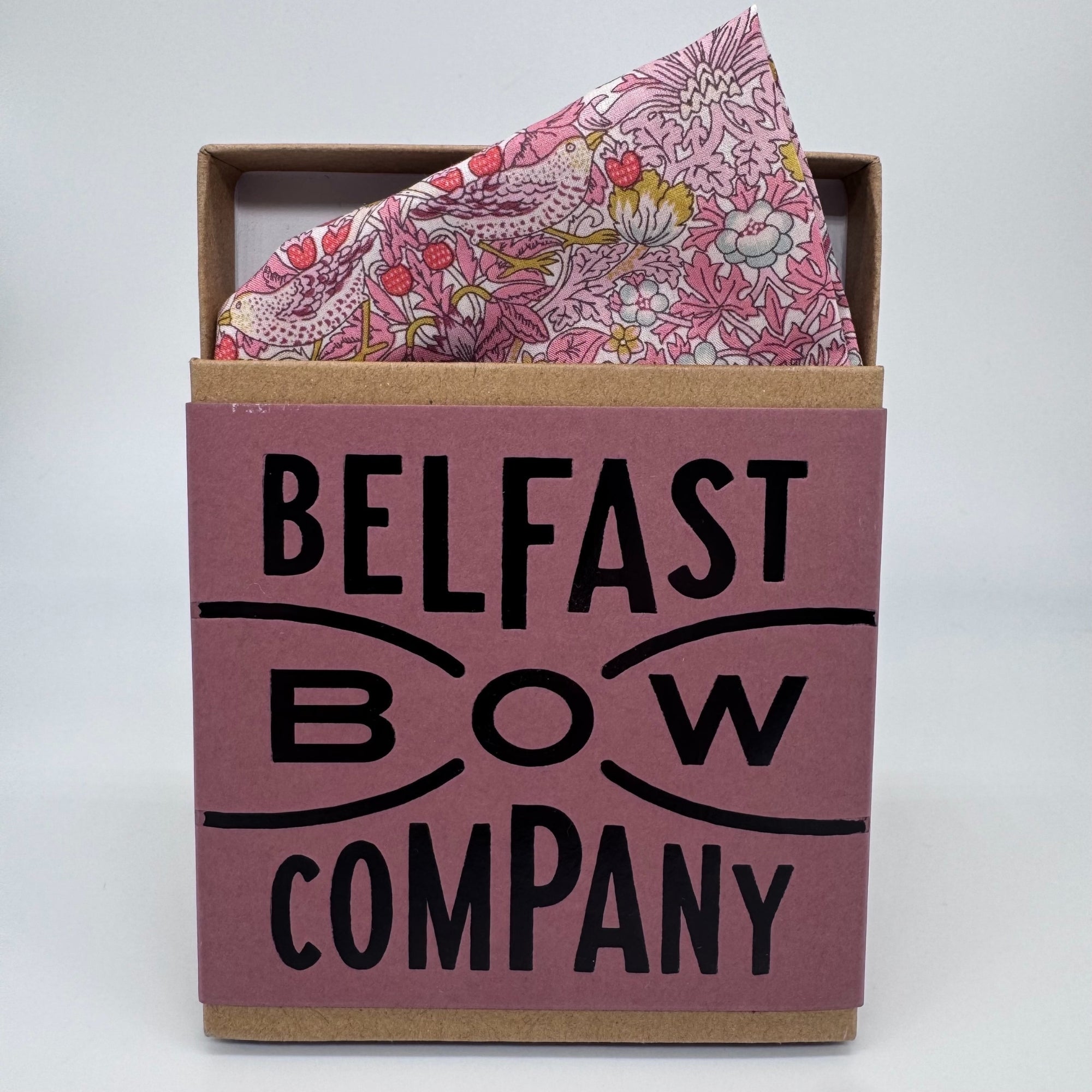 Pink strawberry thief pocket square by the belfast bow company