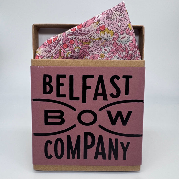 Pink strawberry thief pocket square by the belfast bow company