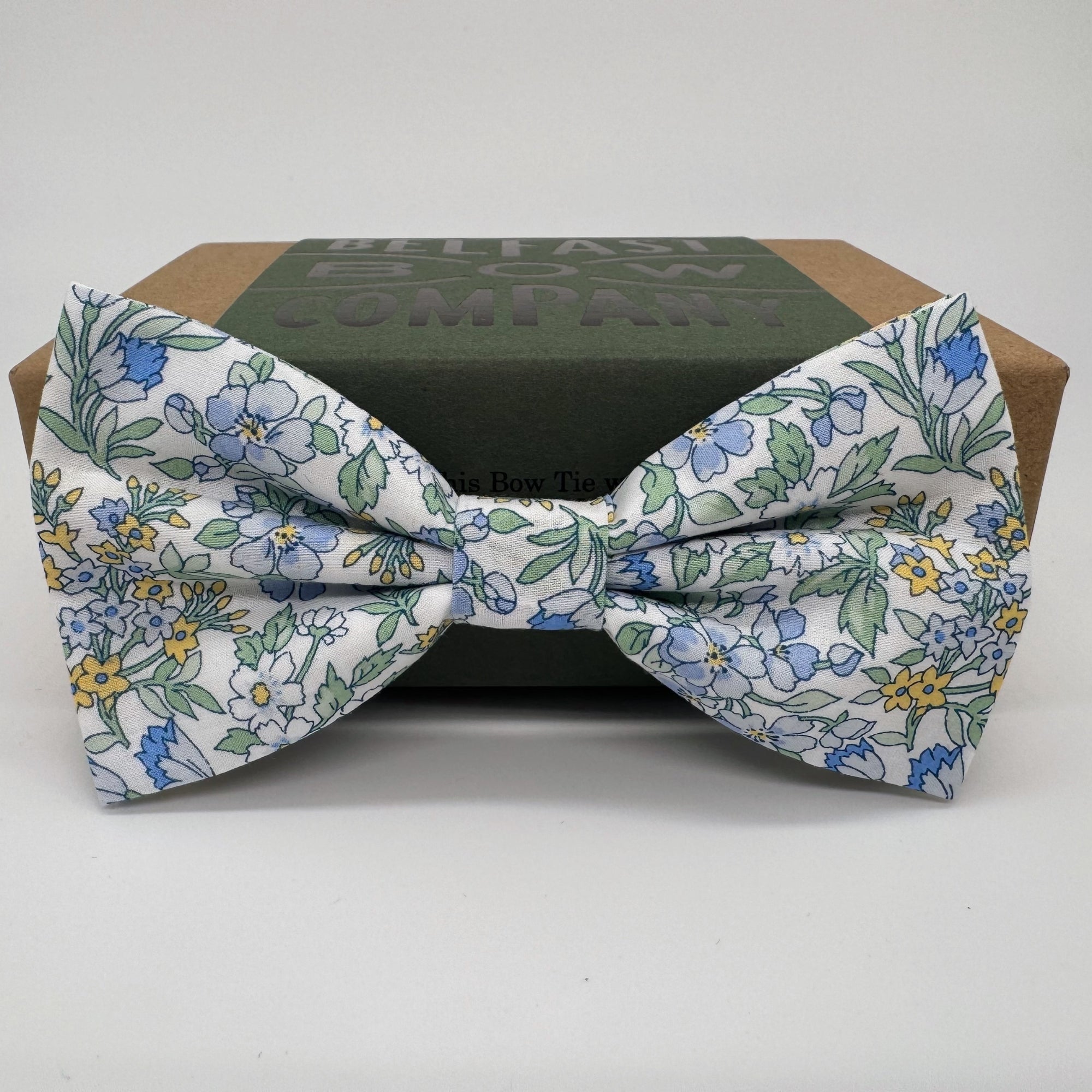 pale blue and sage green floral liberty bow tie by the belfast bow company