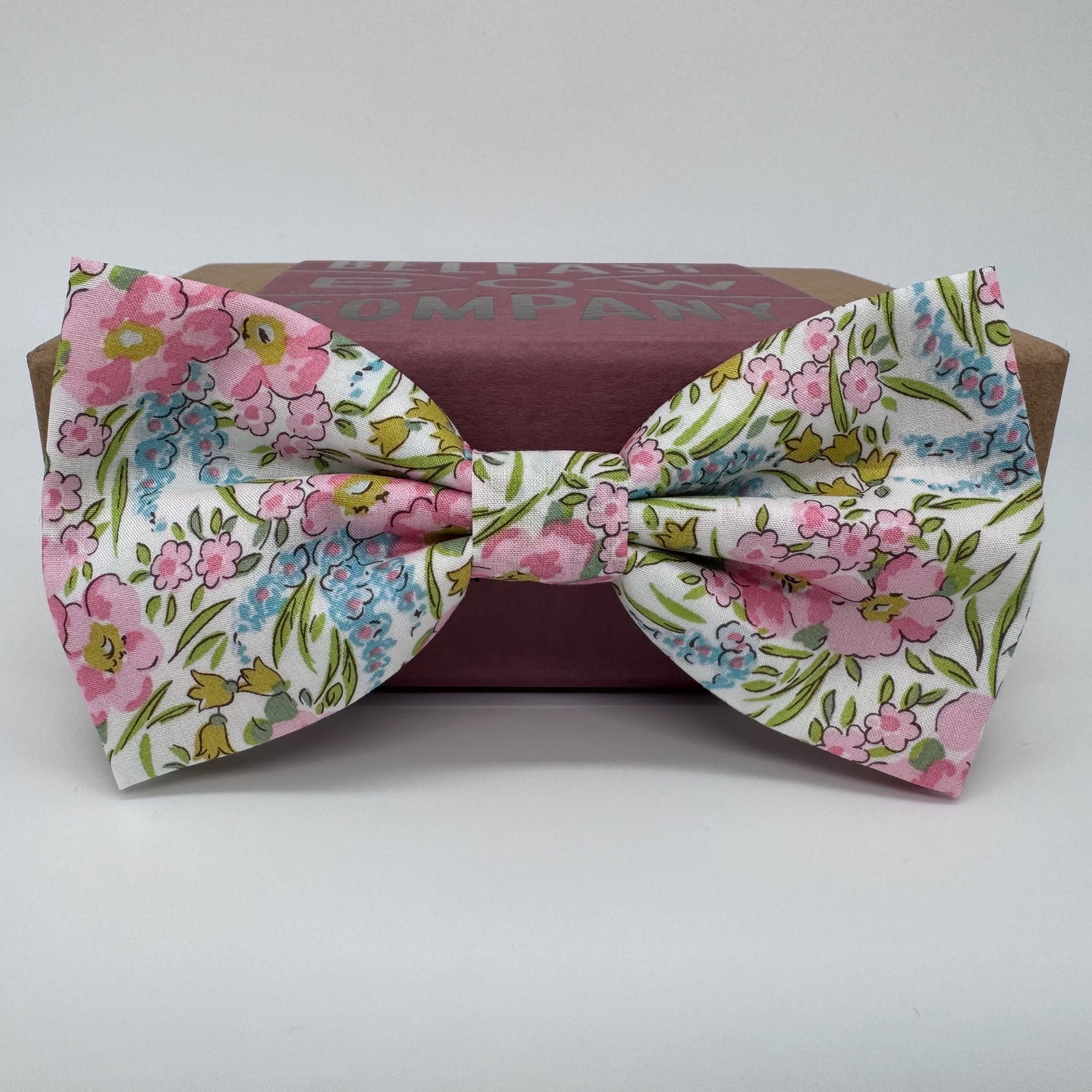 Pink and blue floral bow tie by the belfast bow company