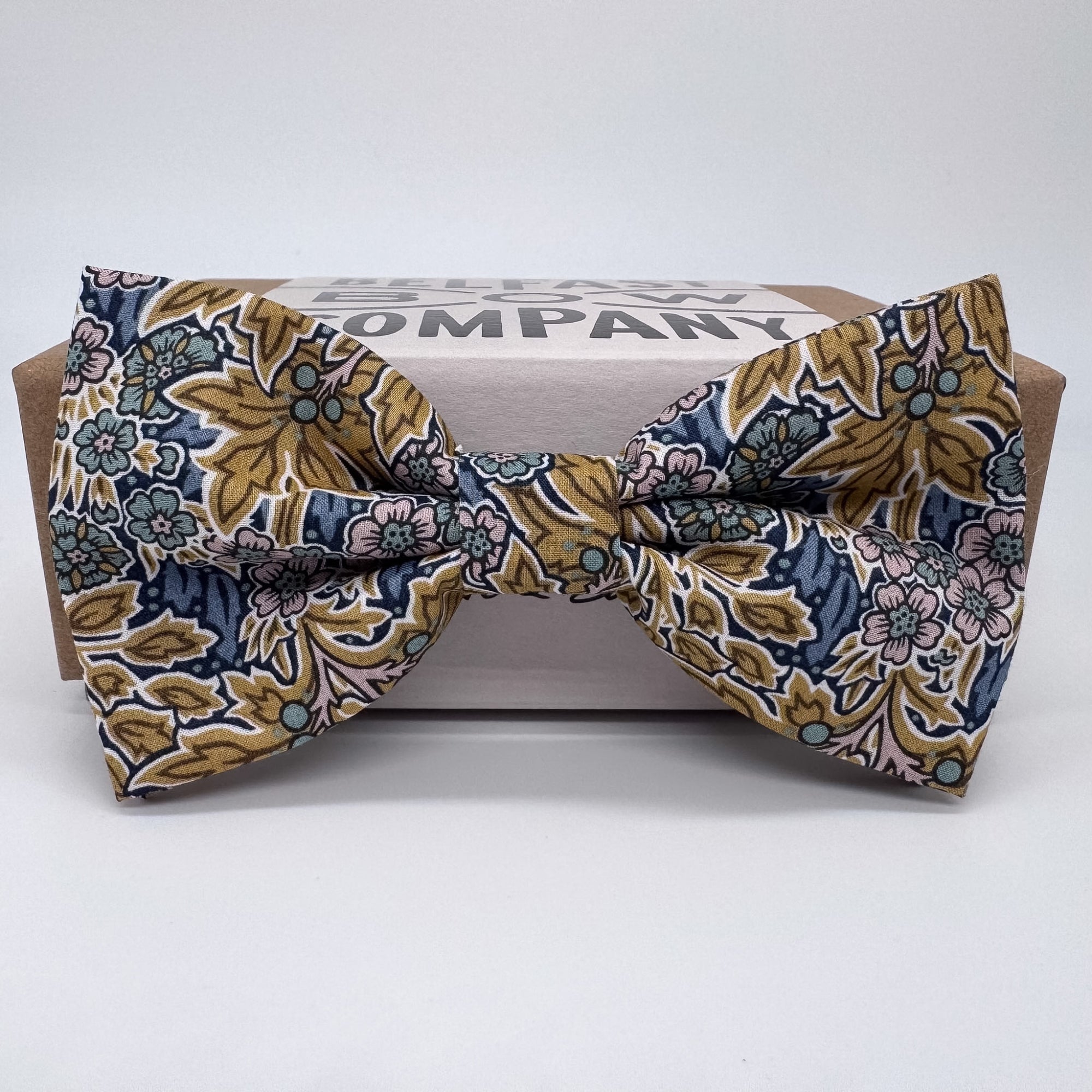 Yellow and navy floral bow tie by the belfast bow company