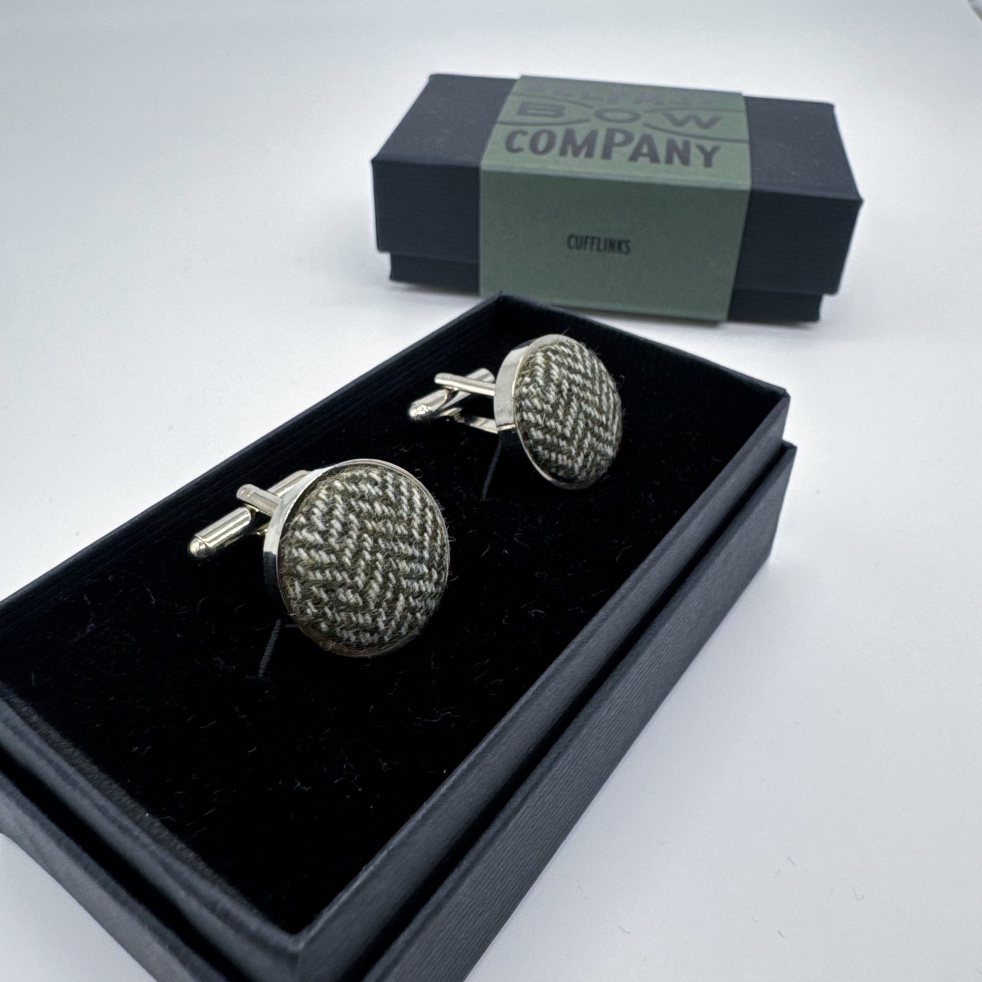 Tweed Cufflinks in Olive Green Herringbone