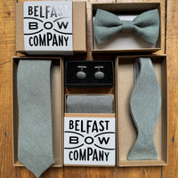 Dark sage green collection of mens accessories irish linen by the belfast bow company