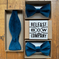 Velvet bow ties in teal by the belfast bow company