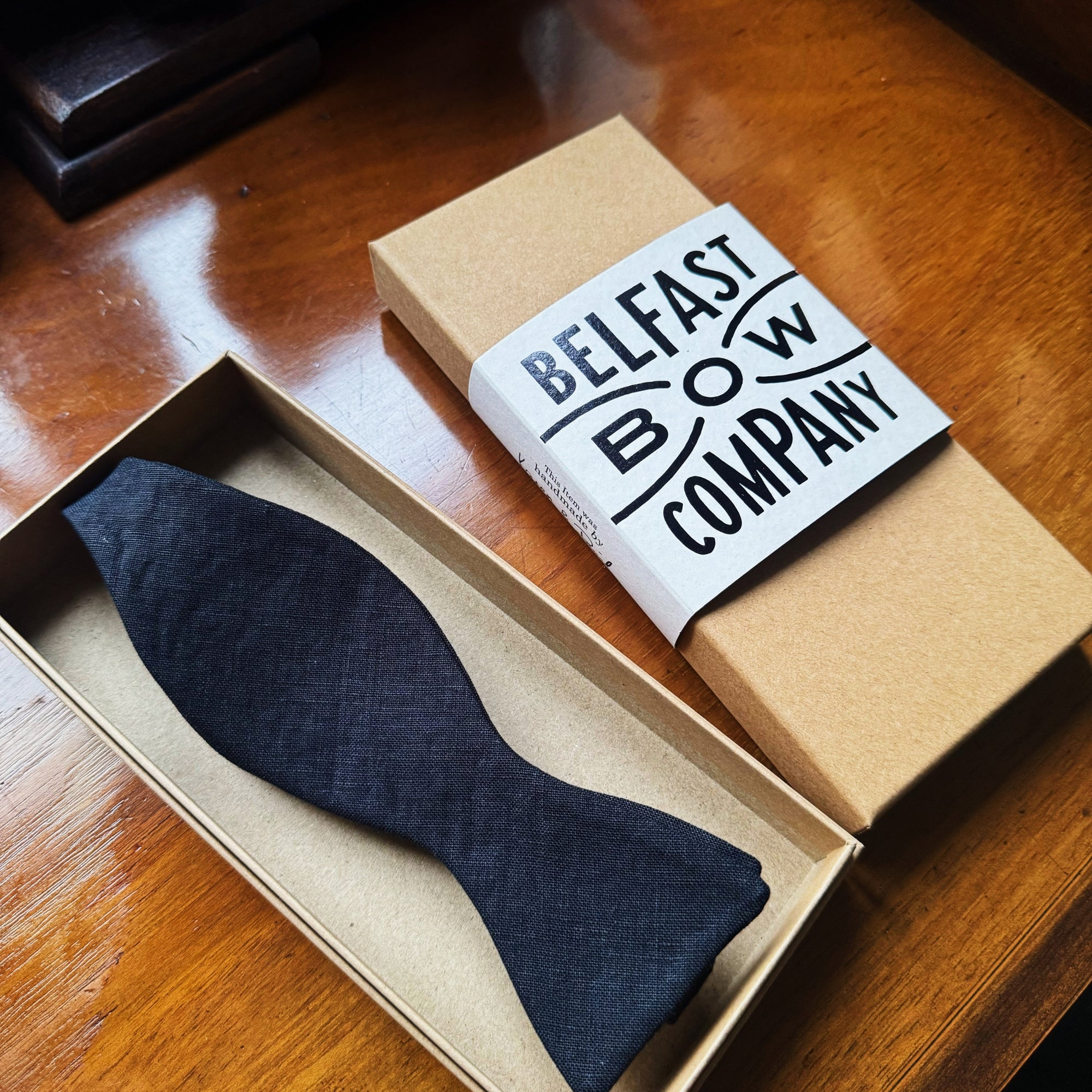 Black self-tie bow tie in irish linen by the belfast bow company
