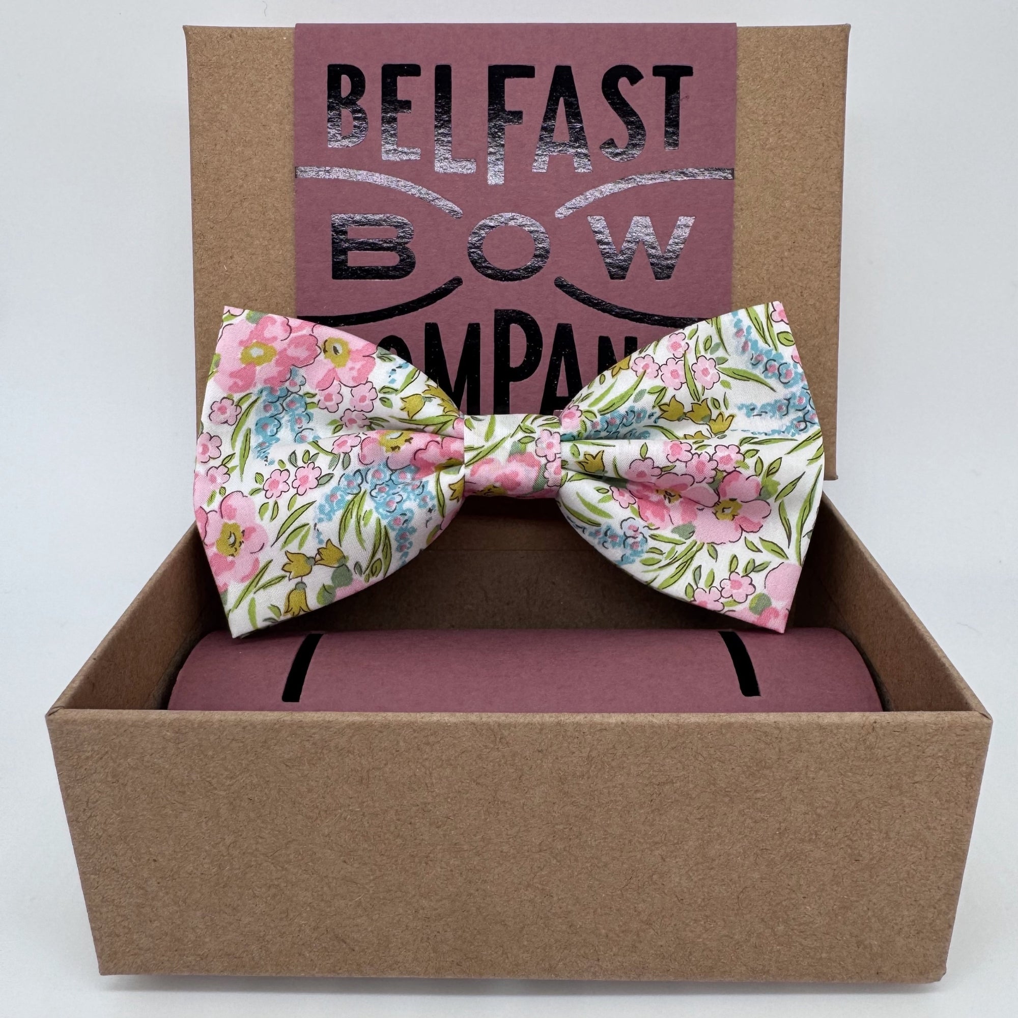 Liberty floral bow tie in pink and blue by the belfast bow company