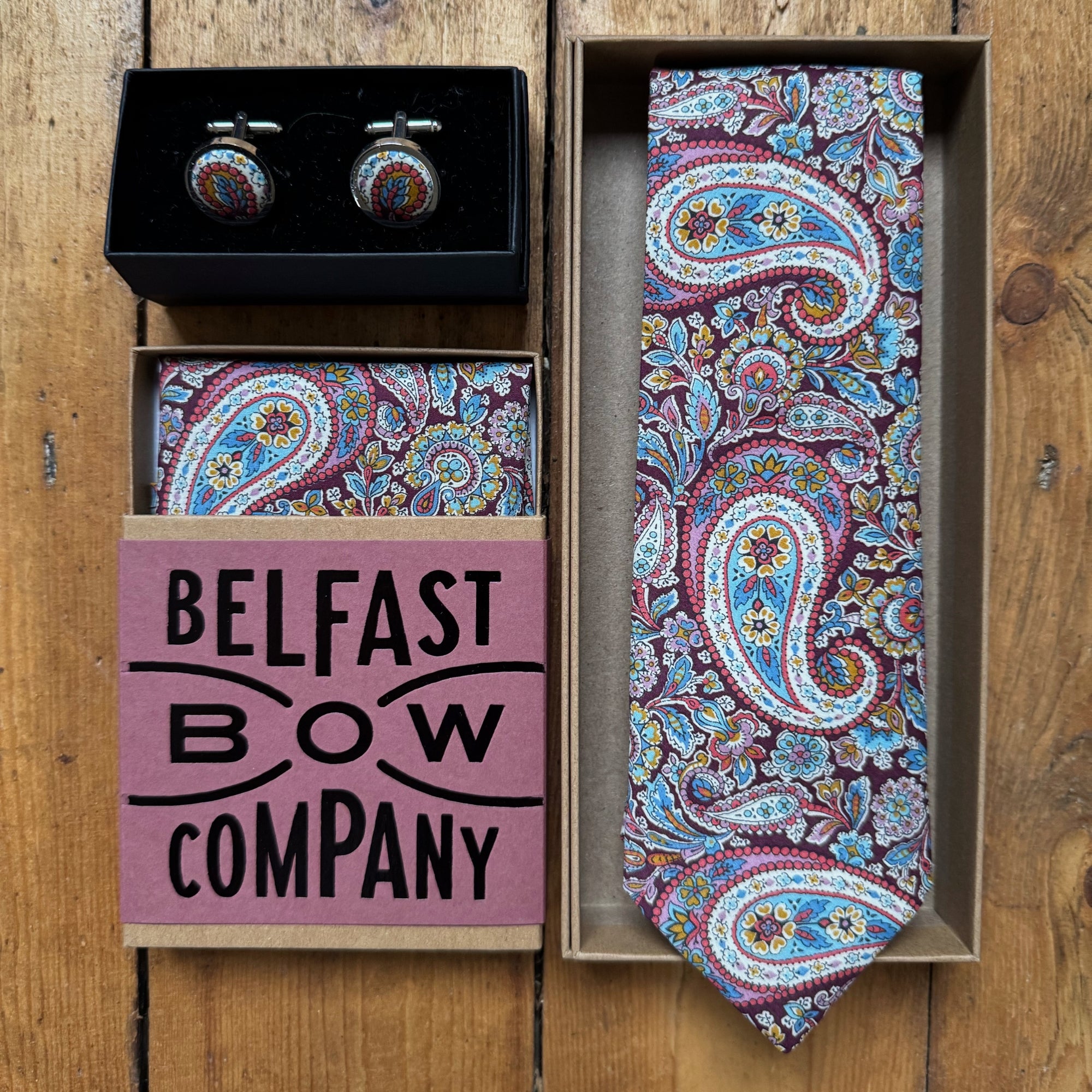 matching wedding accessories for men in burgundy paisley by the belfast bow company