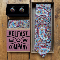 matching wedding accessories for men in burgundy paisley by the belfast bow company