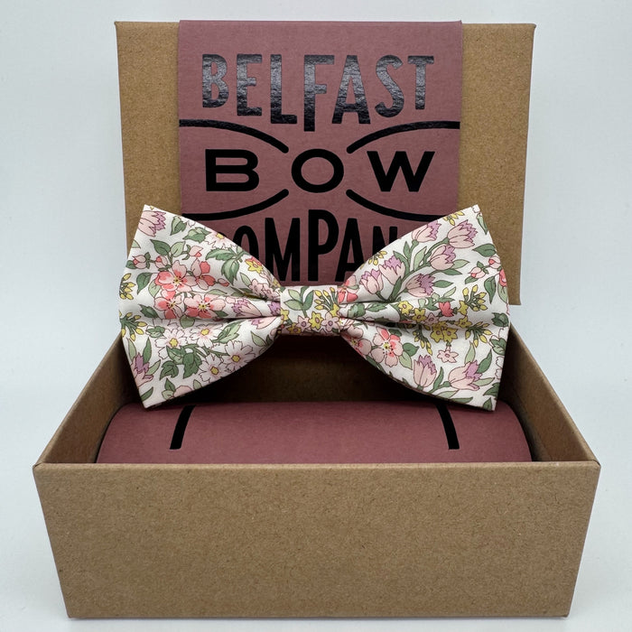 liberty floral bow tie in pink and green by the belfast bow company