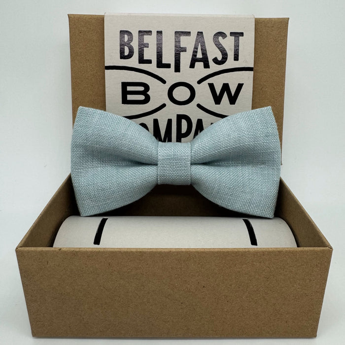 Linen bow tie in duck egg blue by the belfast bow company