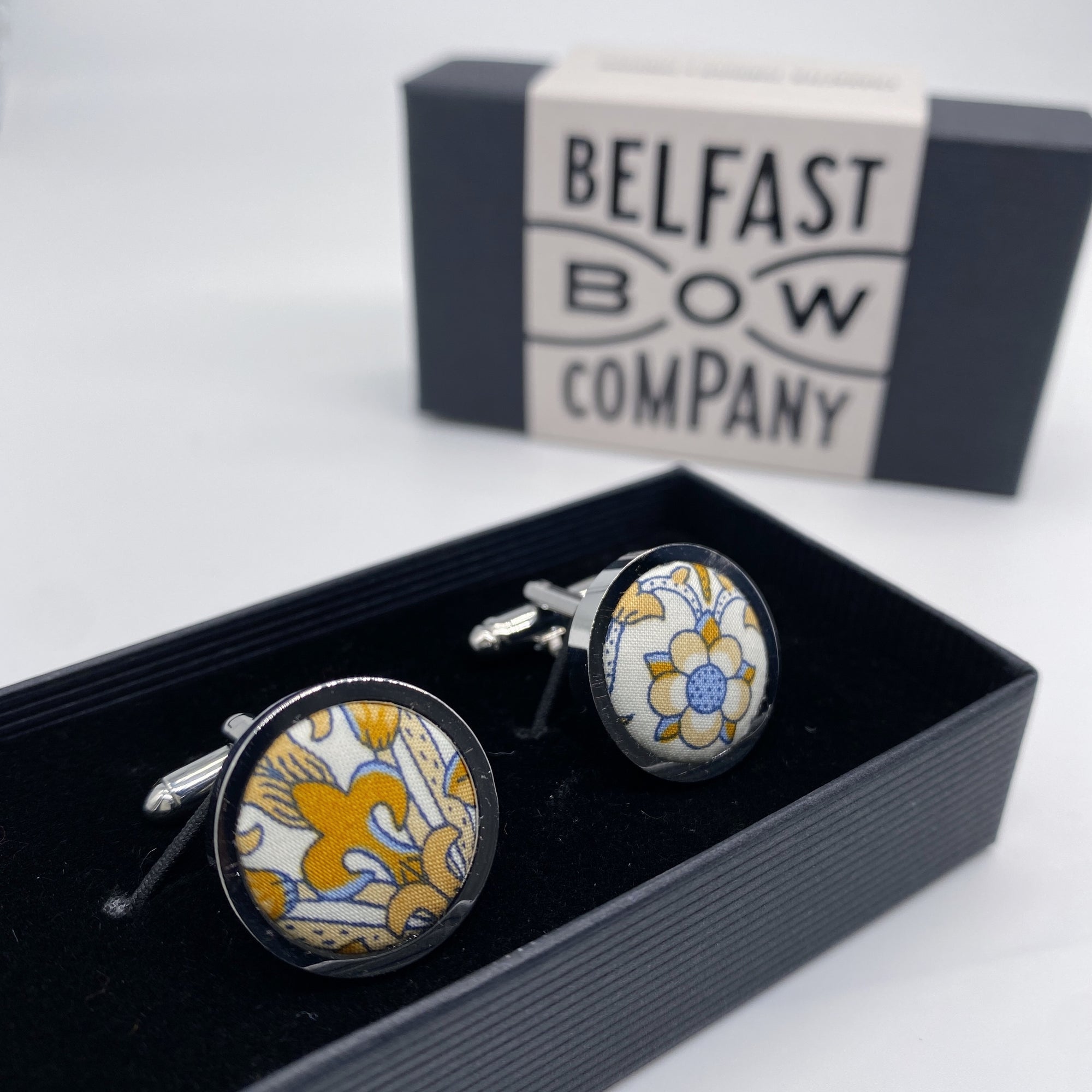 Liberty of London Cufflinks in Mustard & Blue Scrolling Flowers Motif