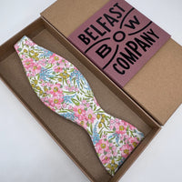 Liberty self-tie in pink and blue floral by the belfast bow company