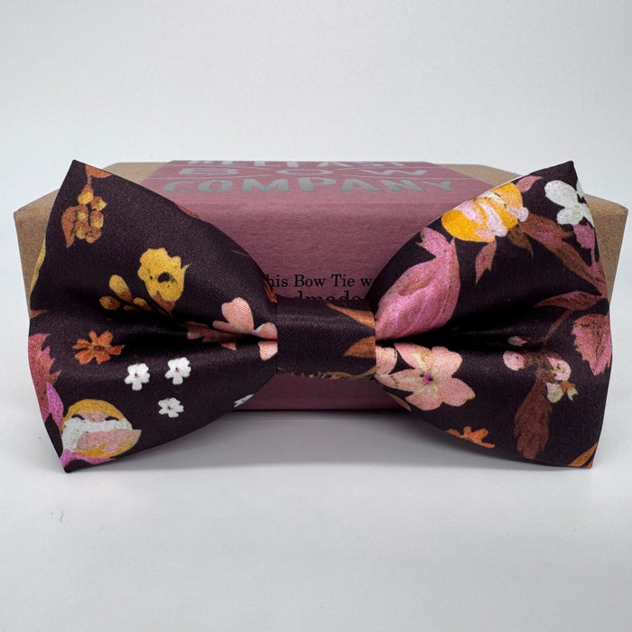 Burgundy brown silk bow tie in liberty print by the belfast bow company